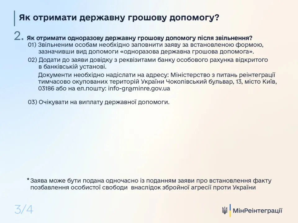 алгоритм подання заяви та перелік документів для отримання грошової допомоги полоненим та їхнім роди