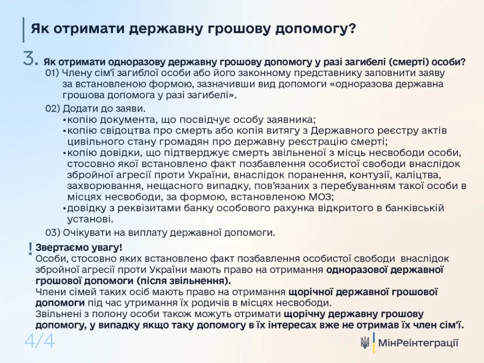 алгоритм подання заяви та перелік документів для отримання грошової допомоги полоненим та їхнім роди