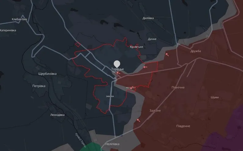 мапа Deep State з орієнтованою лінією бойового зіткнення в Торецьку