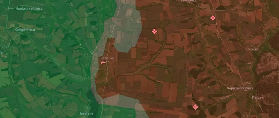 мапа бойових дій в районі Балки Журавки (на карті — Невське) станом на 23.10.2024 року: 