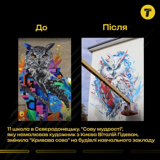 мурал “Сова мудрості” на школі №11 в окупованому Сіверськодонецьку