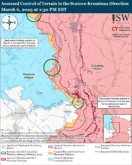 Карта бойових дій станом на 7 березня, Сватівсько-Кремінний напрямок